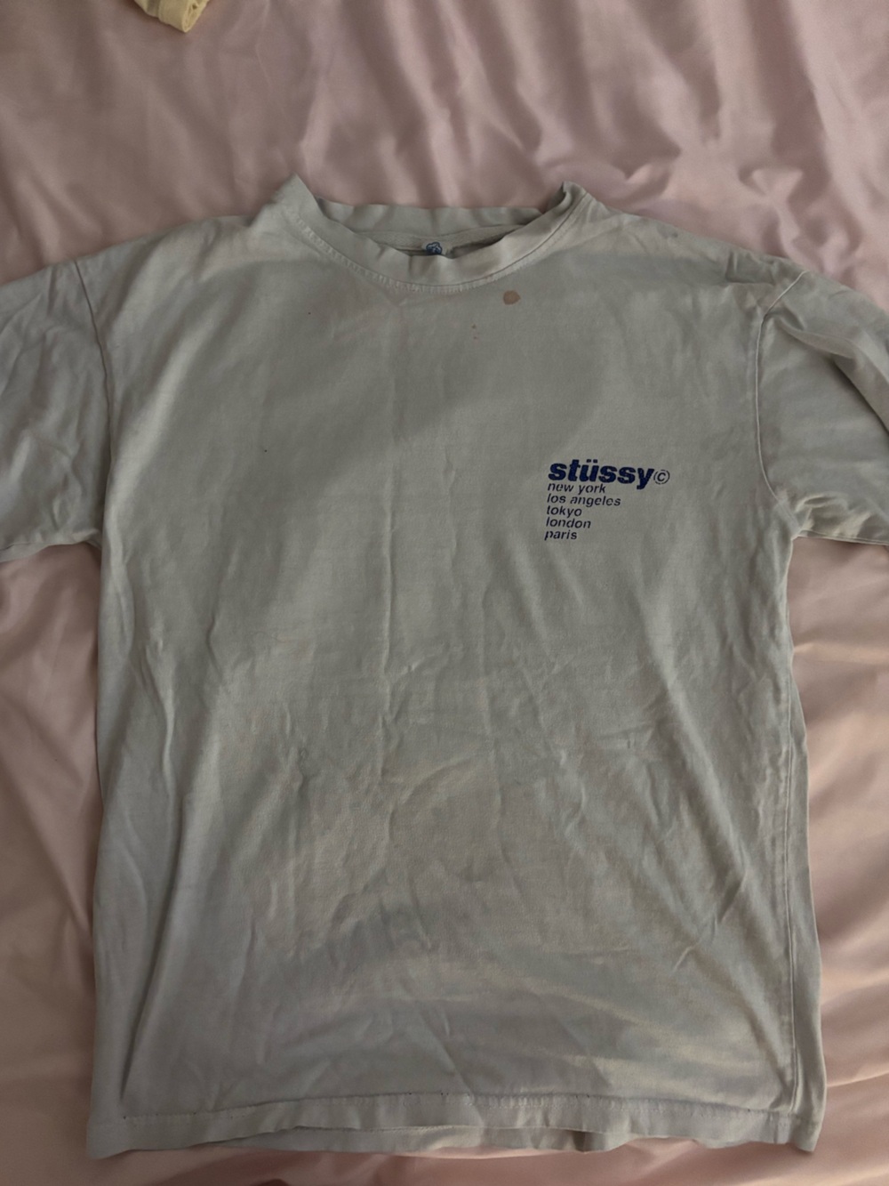Stussy White T-Shirt with Blue Logo and strawberry in the back (READ DESC)
